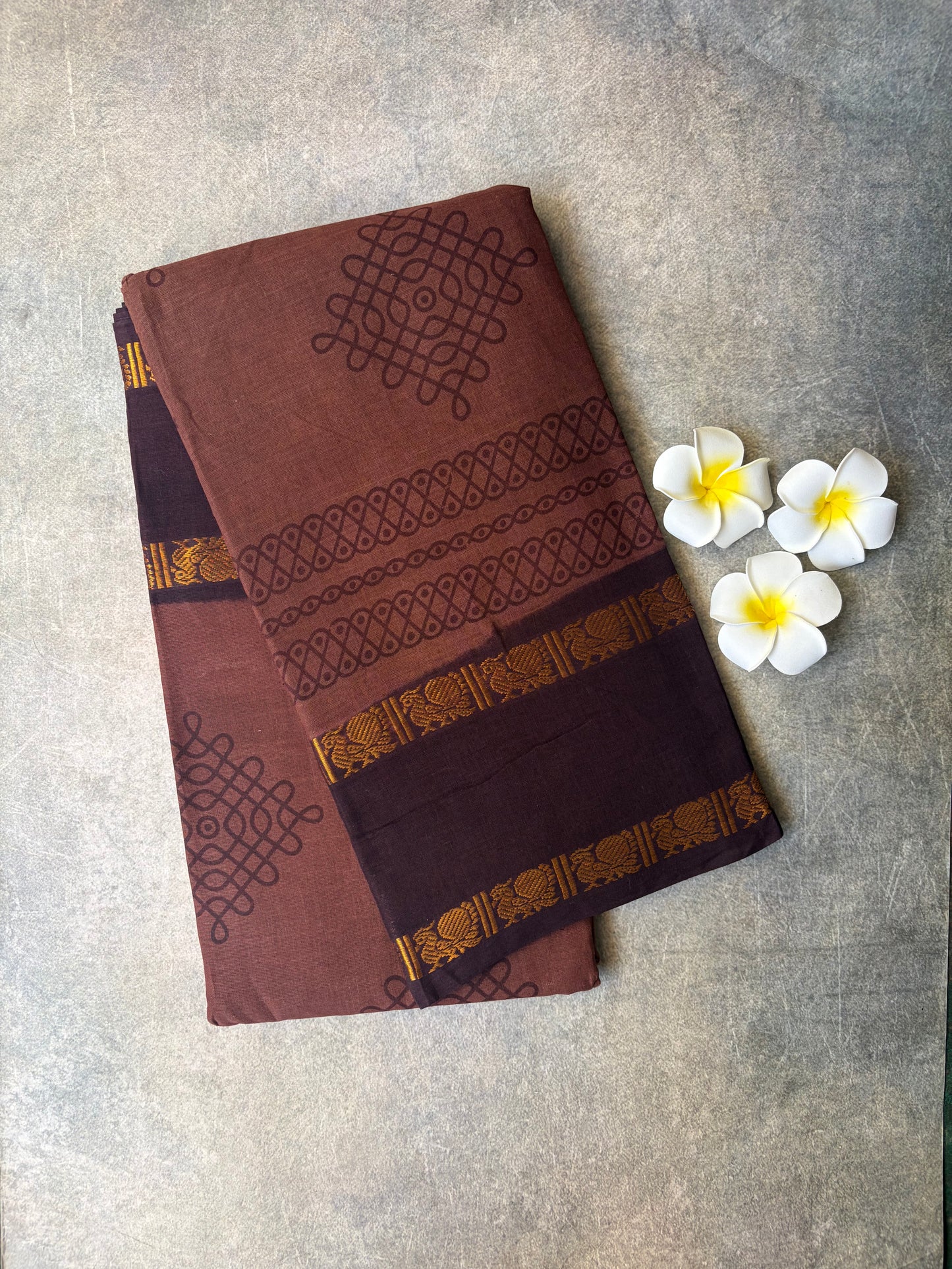Kolam Printed Sungudi Cotton Saree Brown | TLL394