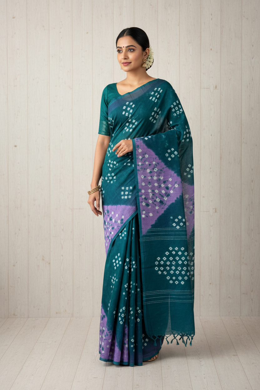 Bandhani Sarees Cotton Blue | Hand-knotted Sungudi Saree | Blue with Purple Colour | TLL196