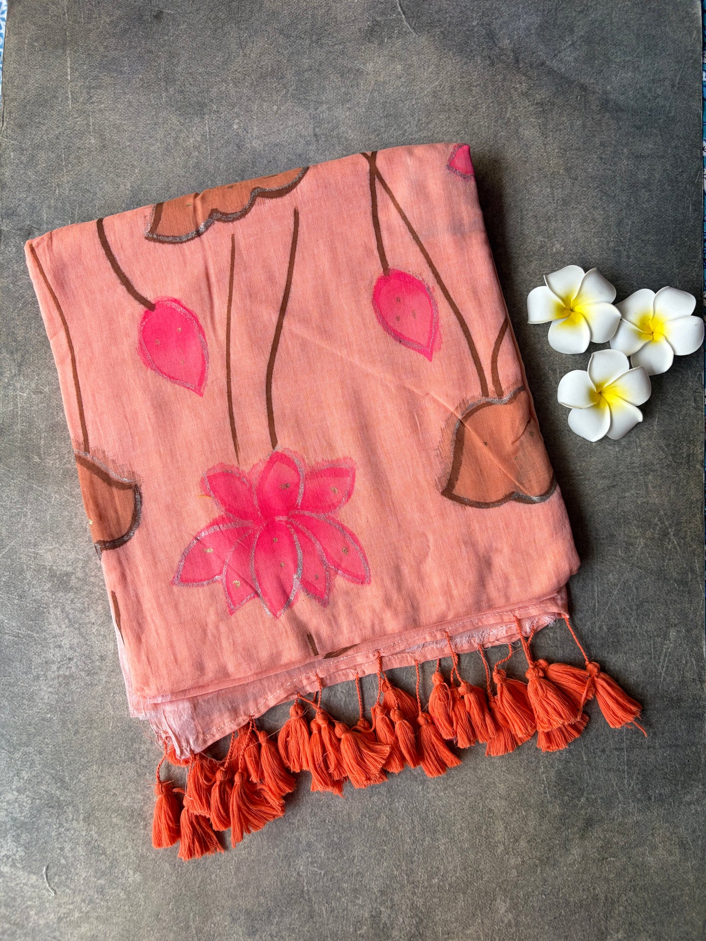 Hand Painted Mul Mul Cotton Saree Peach | TLL 516