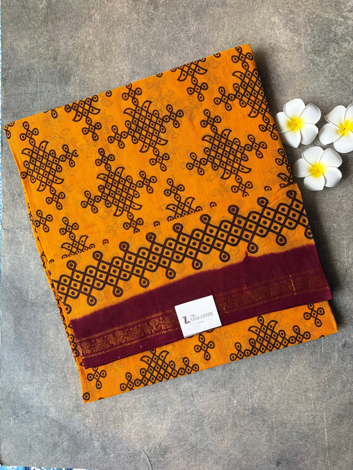 Kolam Printed Sungudi Cotton Saree Yellow With Maroon Border | TLL639