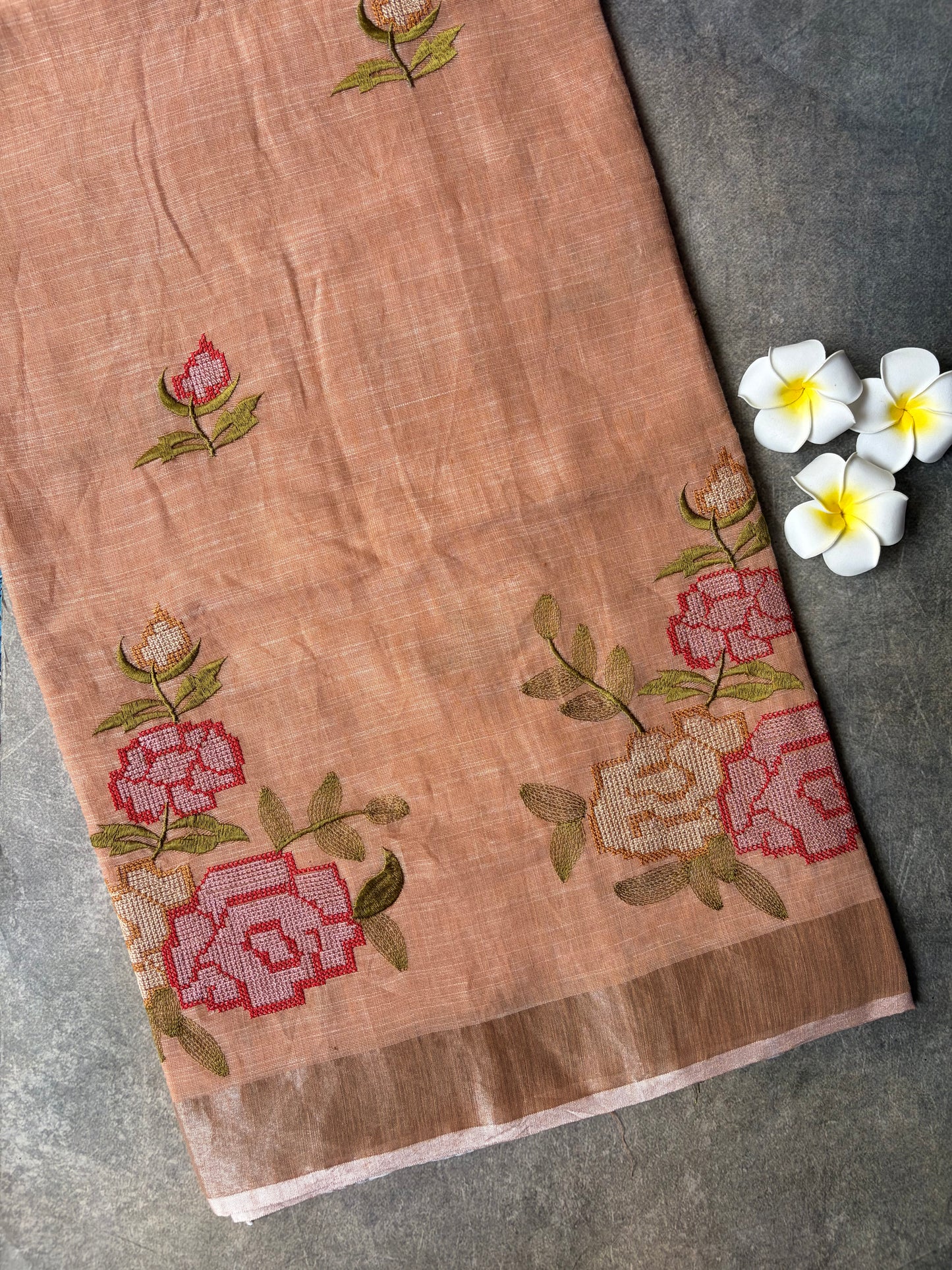 Linen Cotton Saree Peach | TLL321