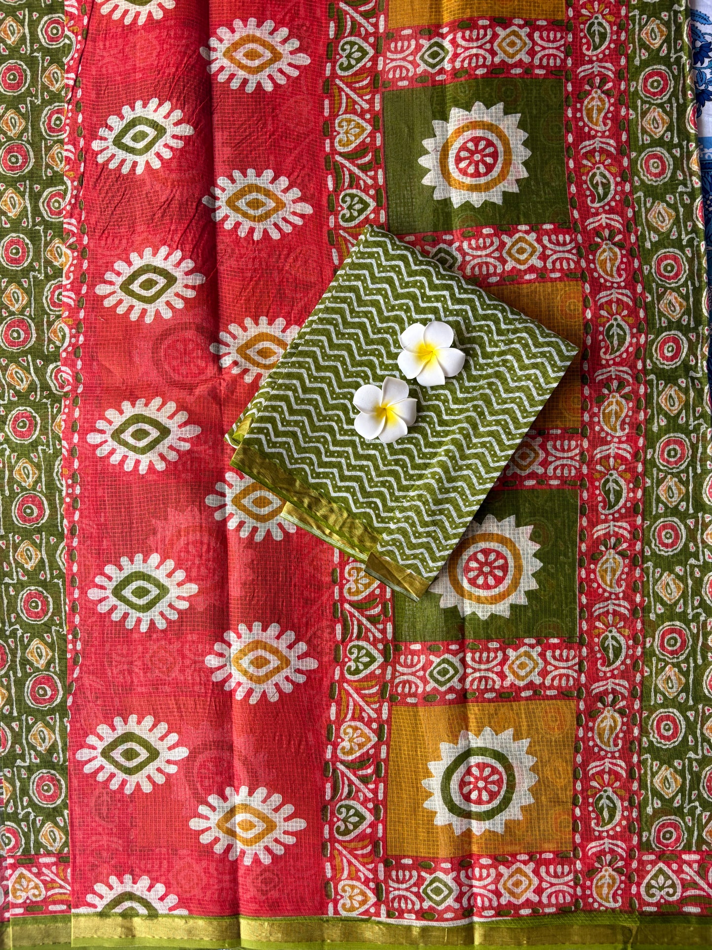 Olive Green Round Printed Kota Doria Cotton Saree | TLL571
