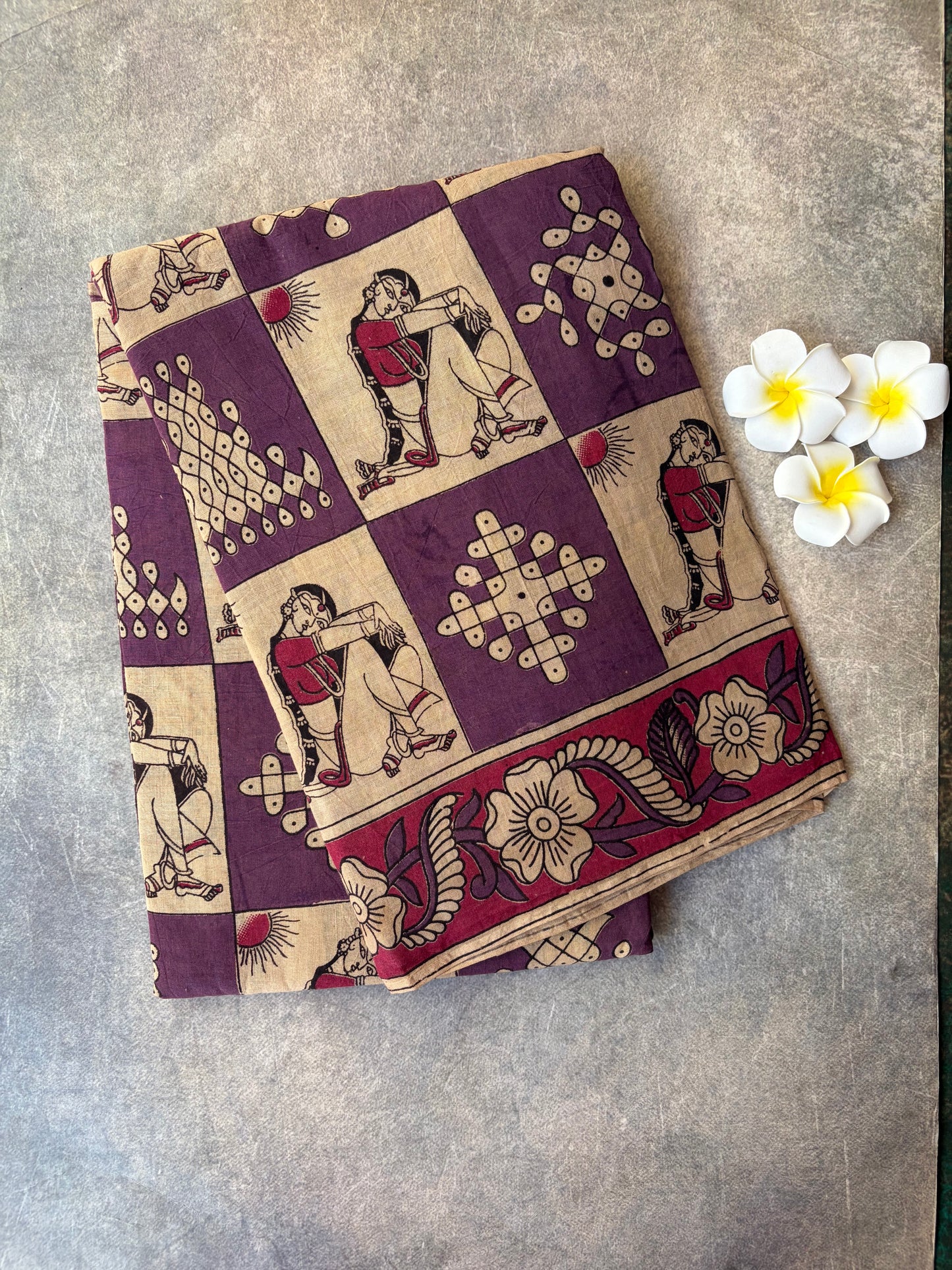 Kalamkari Printed Cotton Saree Purple with Cream | TLL419