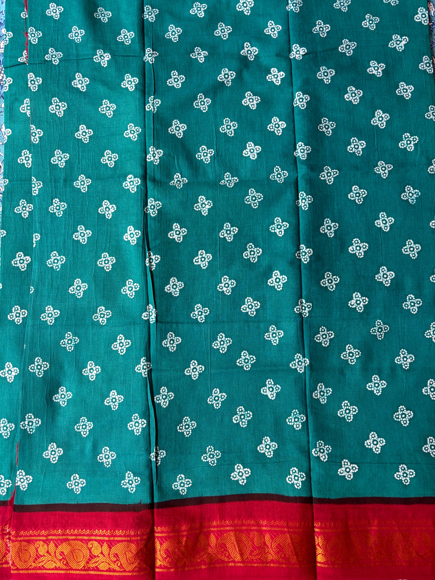 Authentic Soft Sungudi Cotton Saree - Teal Batik green with Rich Red flower Border - Authentic Soft Sungudi Cotton Saree | TLL090