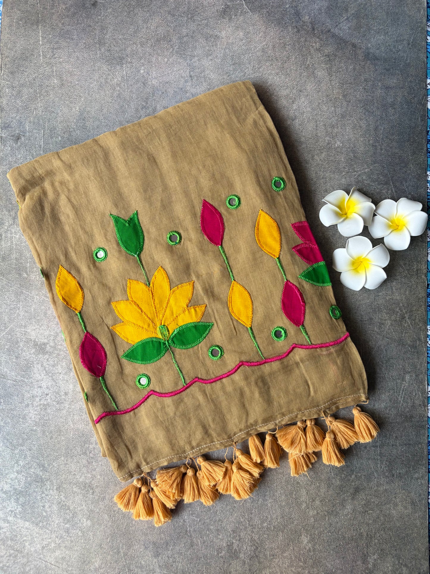 Applique Work Mul Mul Cotton Saree Brown | TLL540