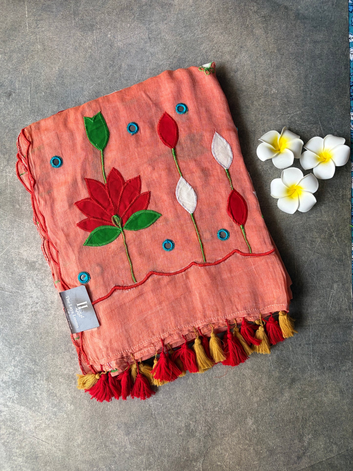 Applique Work Mul Mul Cotton Saree Peach-Orange | TLL543