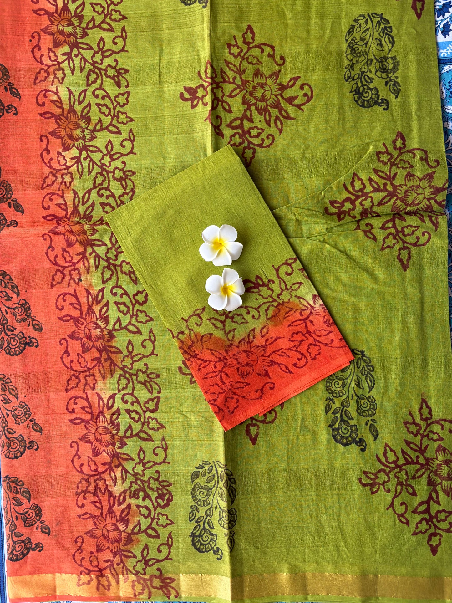 Green with Orange Pure Cotton Saree | TLL582