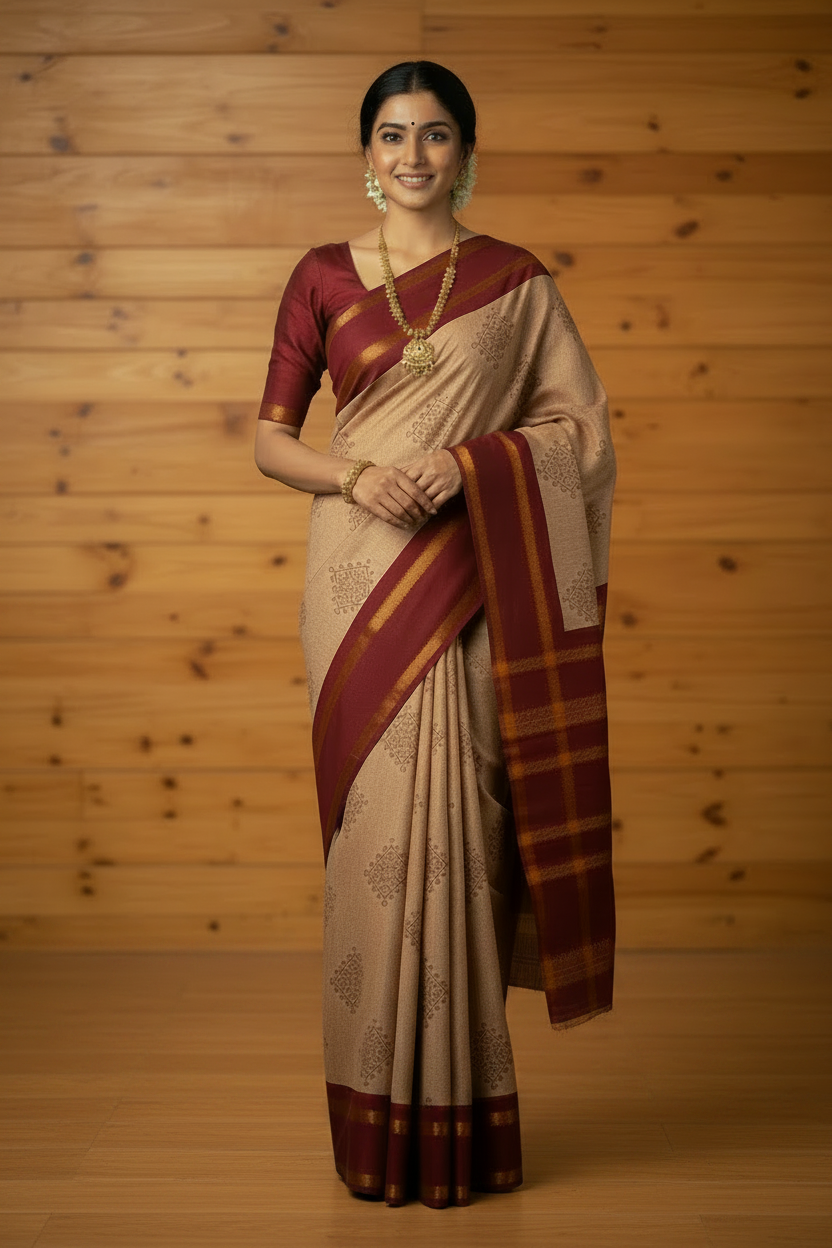Kolam Printed Sungudi Cotton Saree Light Brown | TLL210