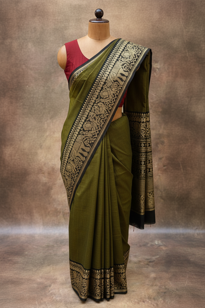 Narayanpet cotton sarees | mehandhi green maroon border | TLL148