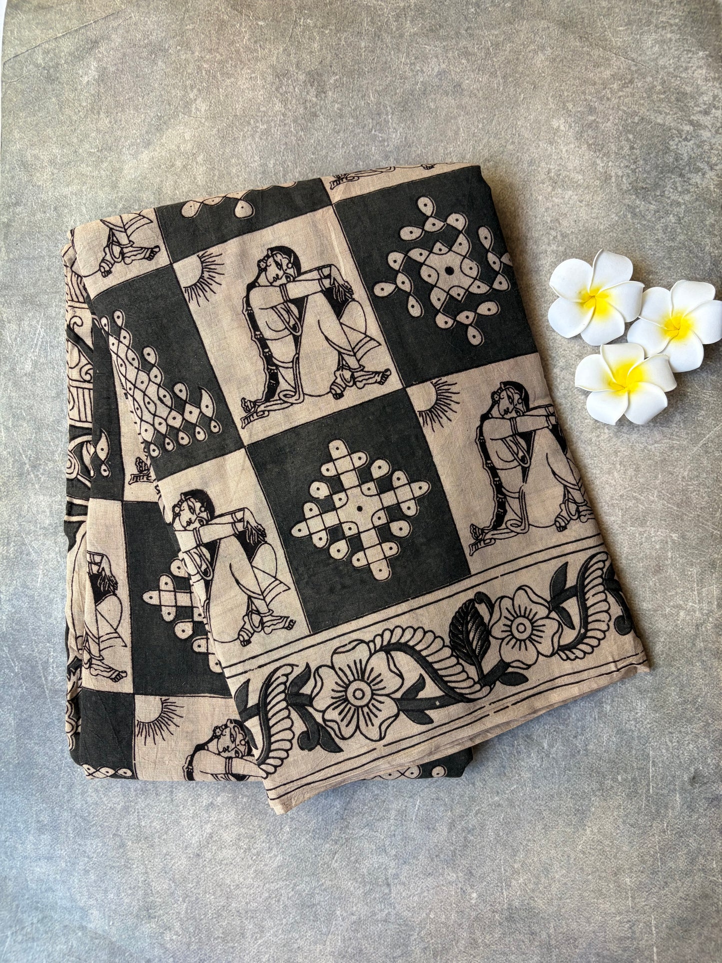 Kalamkari Printed Cotton Saree Black with Cream | TLL411