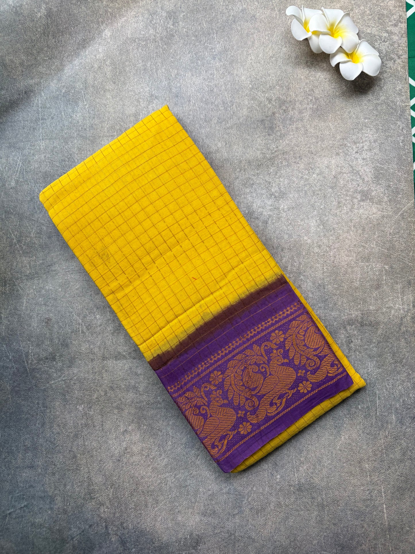 Madurai Sungudi | Yellow with Violet Golden Zari Checked Sungudi Cotton Saree | TLL163