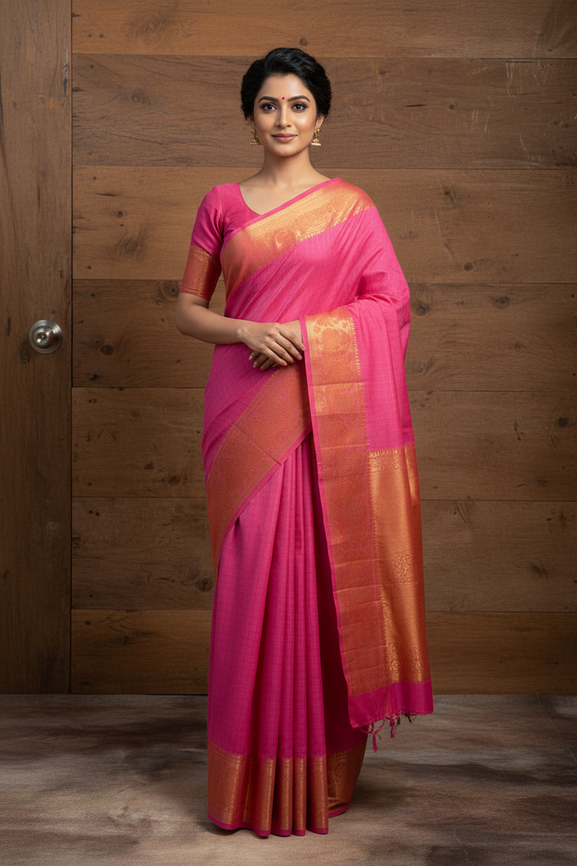 Pink Self Zari Checks Sungudi Saree with Golden Zari | TLL128