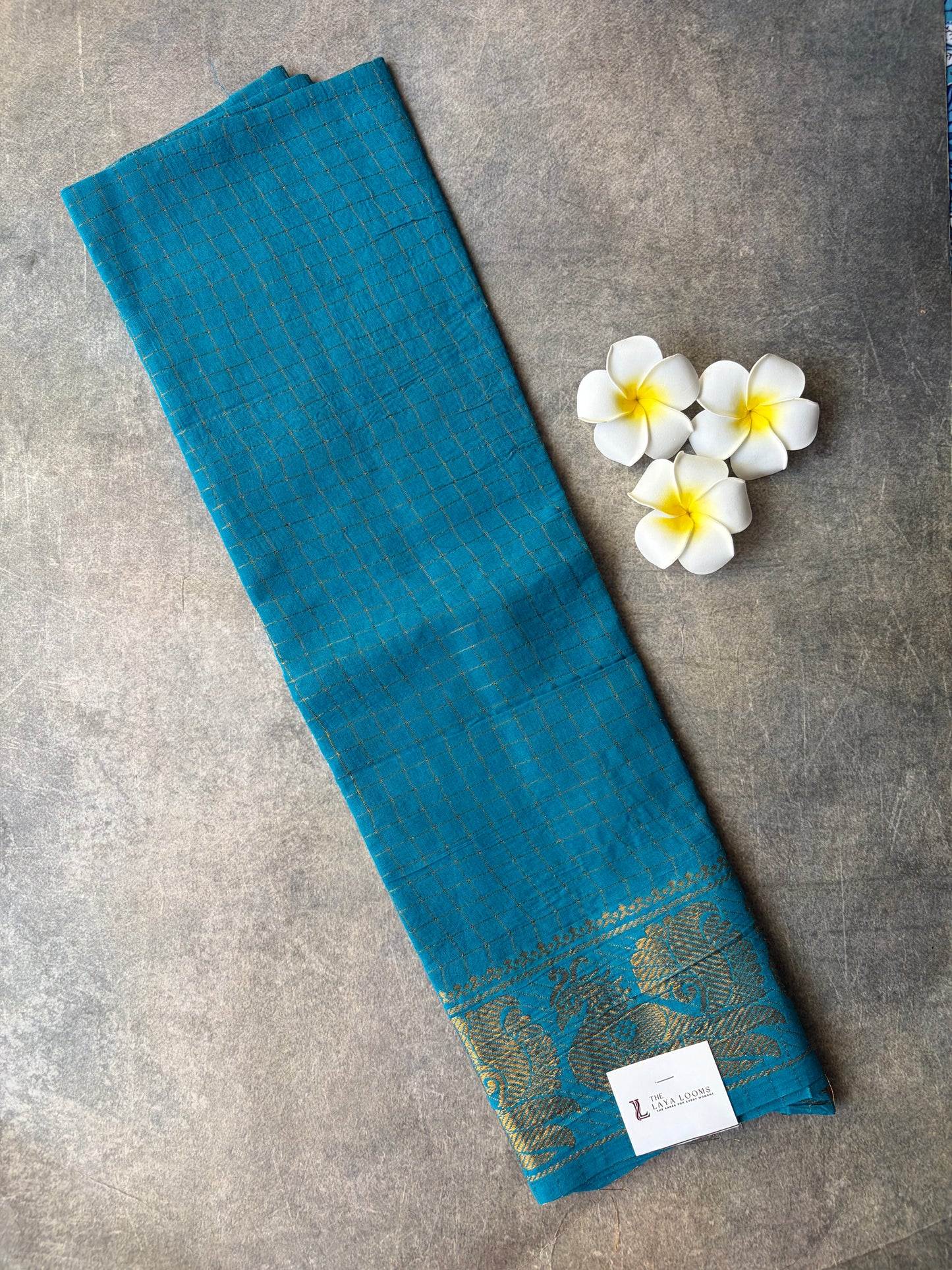 Sky Blue Golden Checked Sungudi Cotton Blouse Piece | TLL240