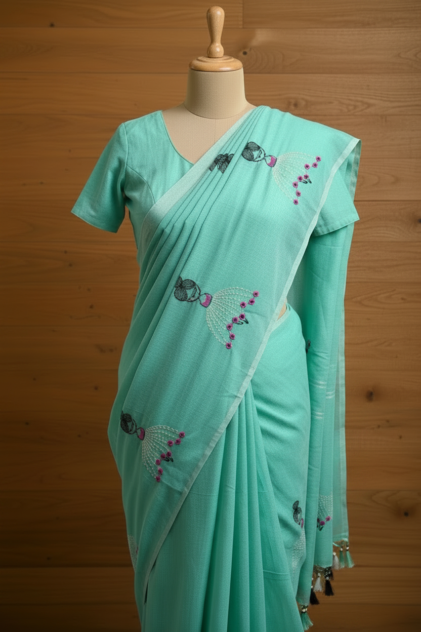 Mul Mul Cotton Saree | Sky Blue with Tassels & Doll Embroidery | TLL154