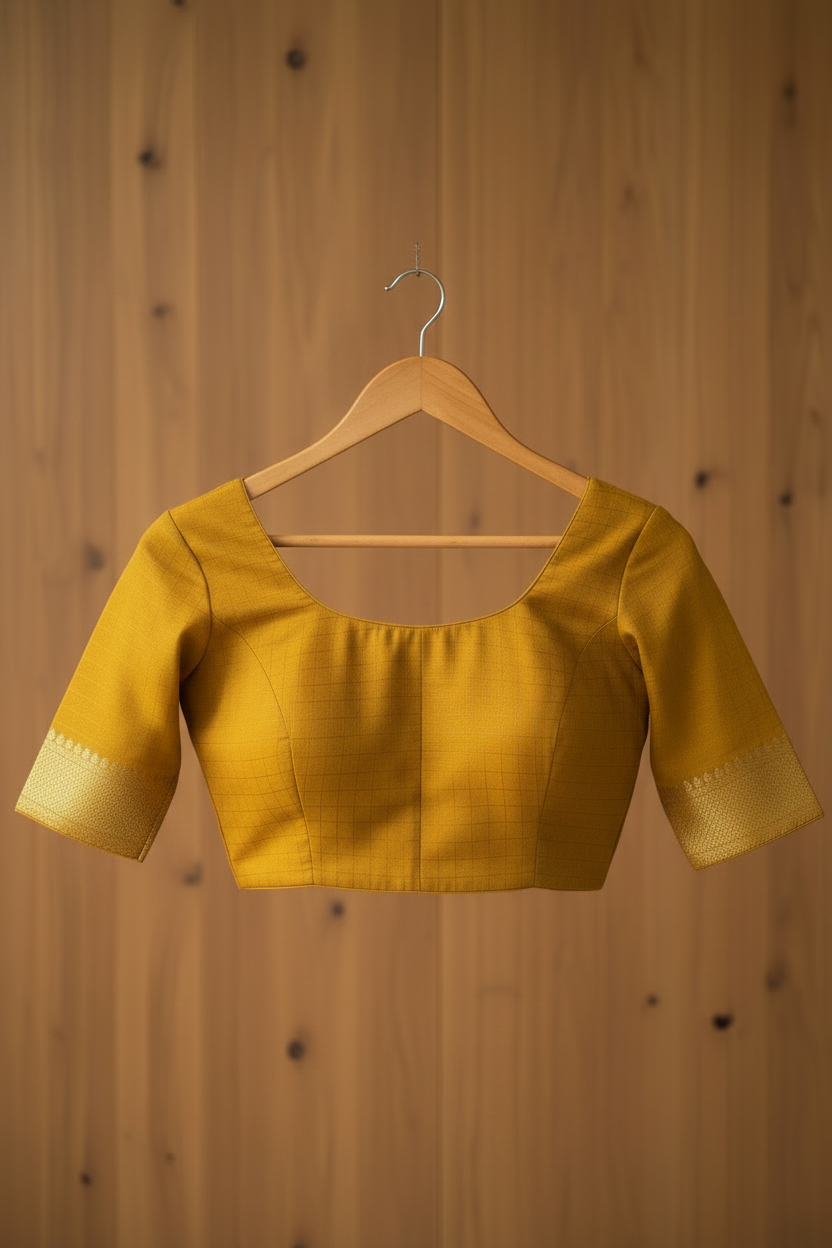 Mustard yellow blouse on a mannequin against a wooden background