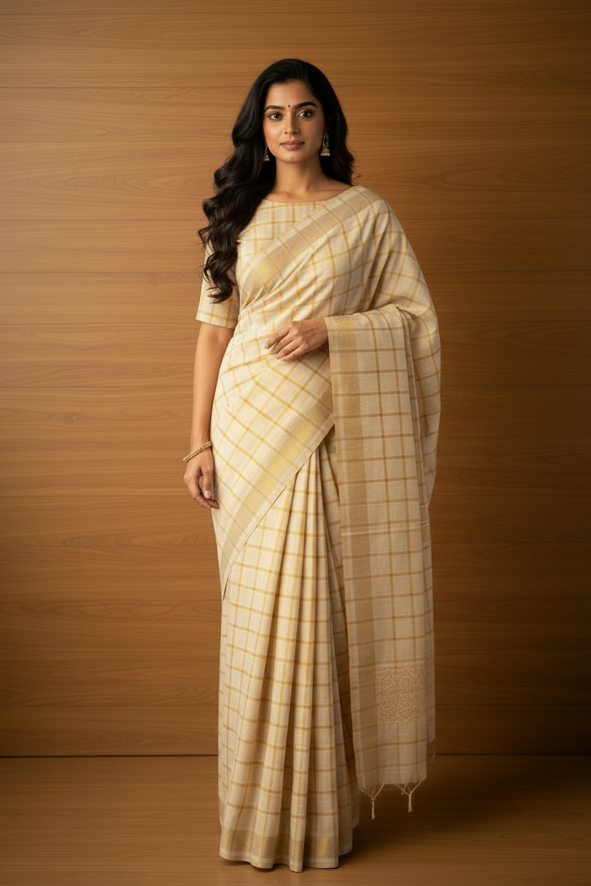 Kattam Sungudi Cotton Saree Cream White(Half White) | TLL175