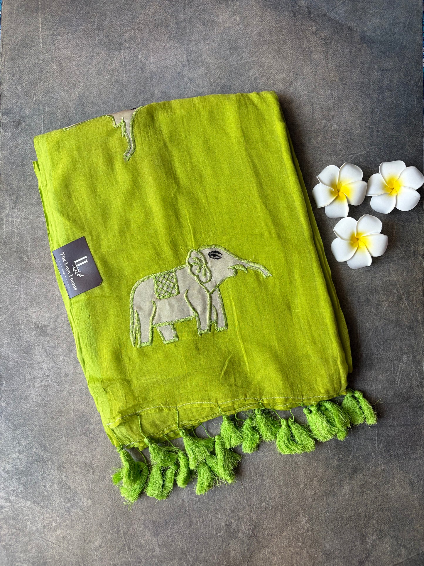 Elephant Mul Mul Cotton Saree Green | TLL537