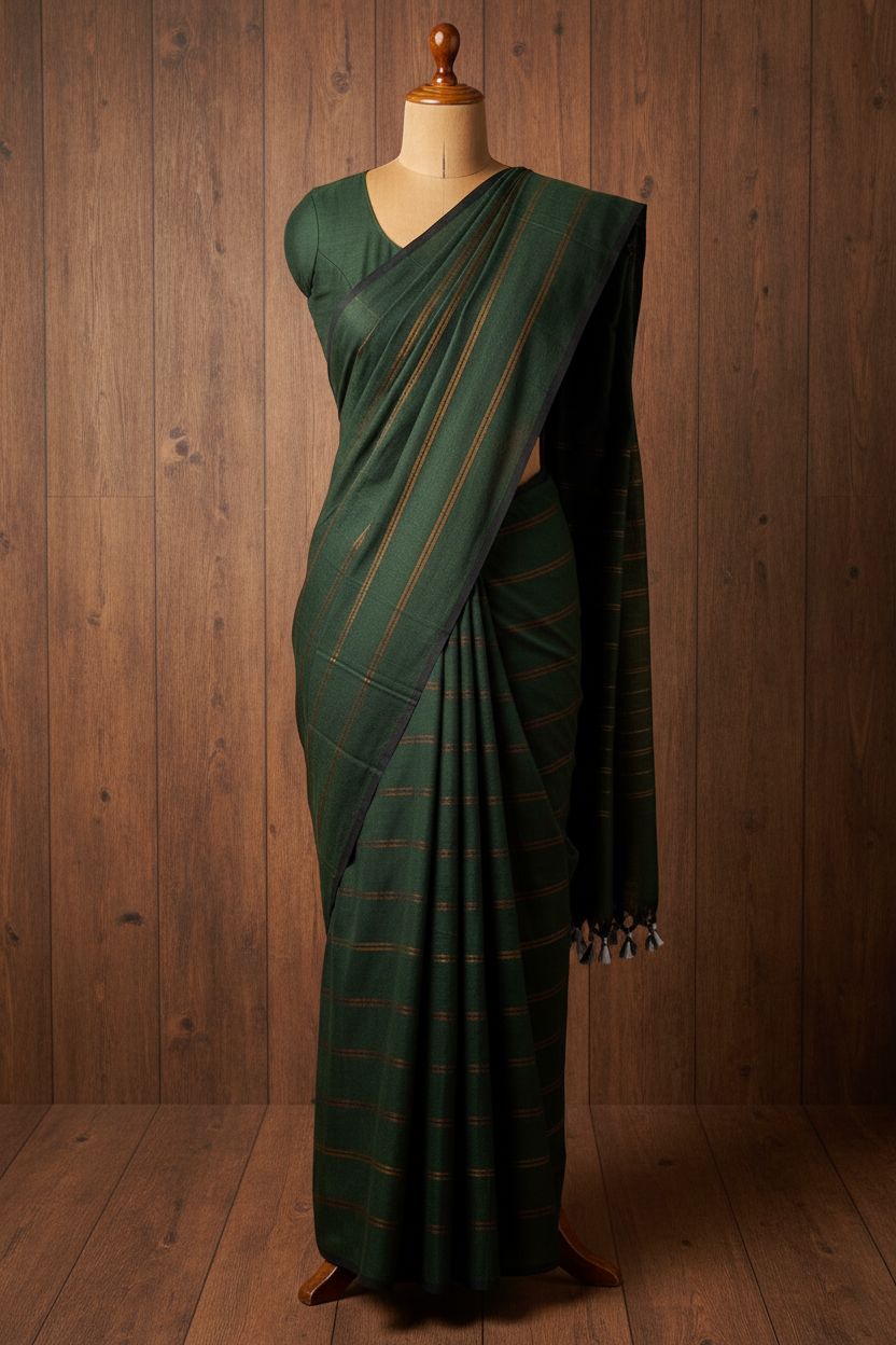 Dark Green Khadi Cotton Saree | TLL221