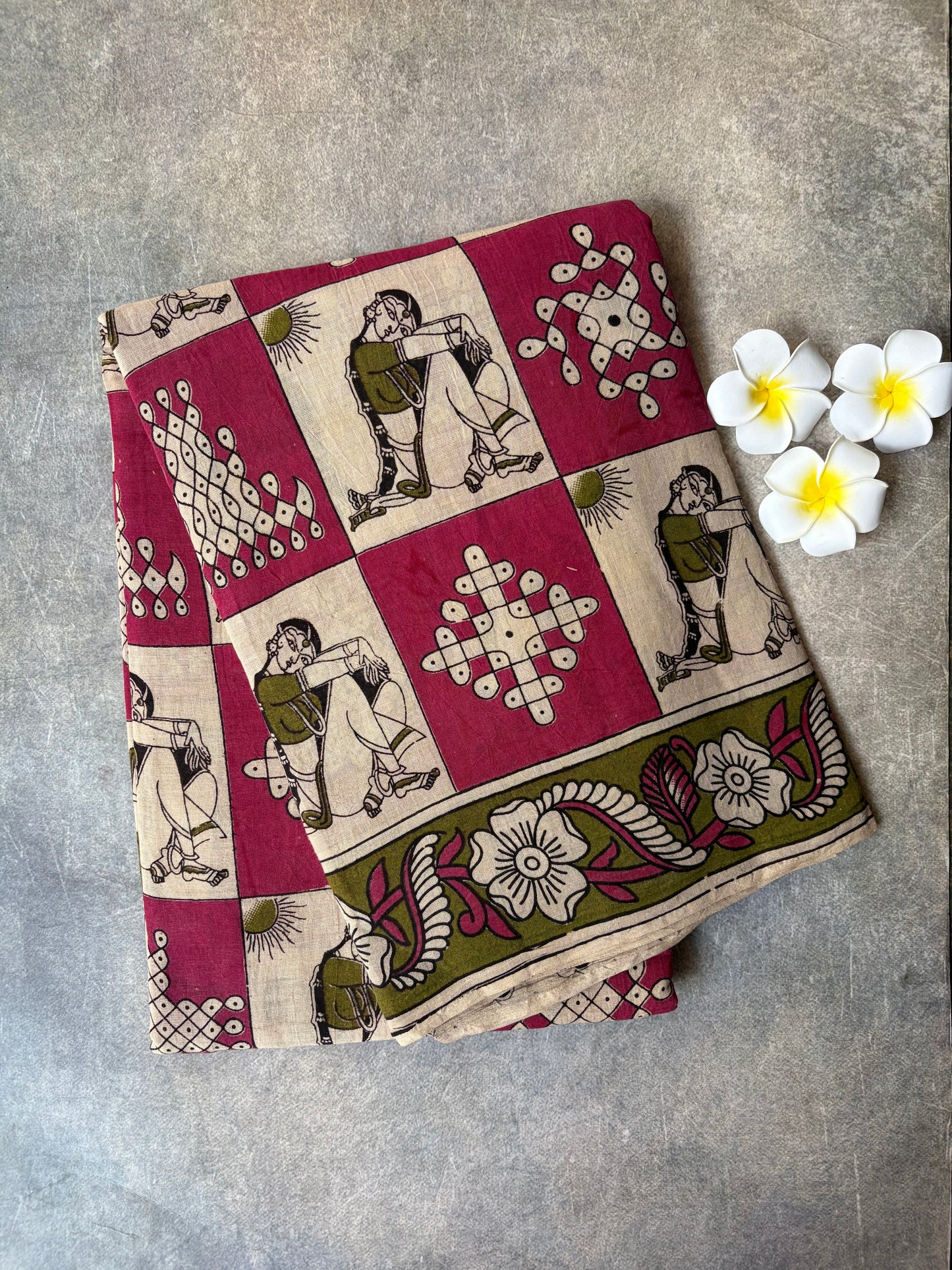 Kalamkari Printed Cotton Saree Pink with Cream | TLL430