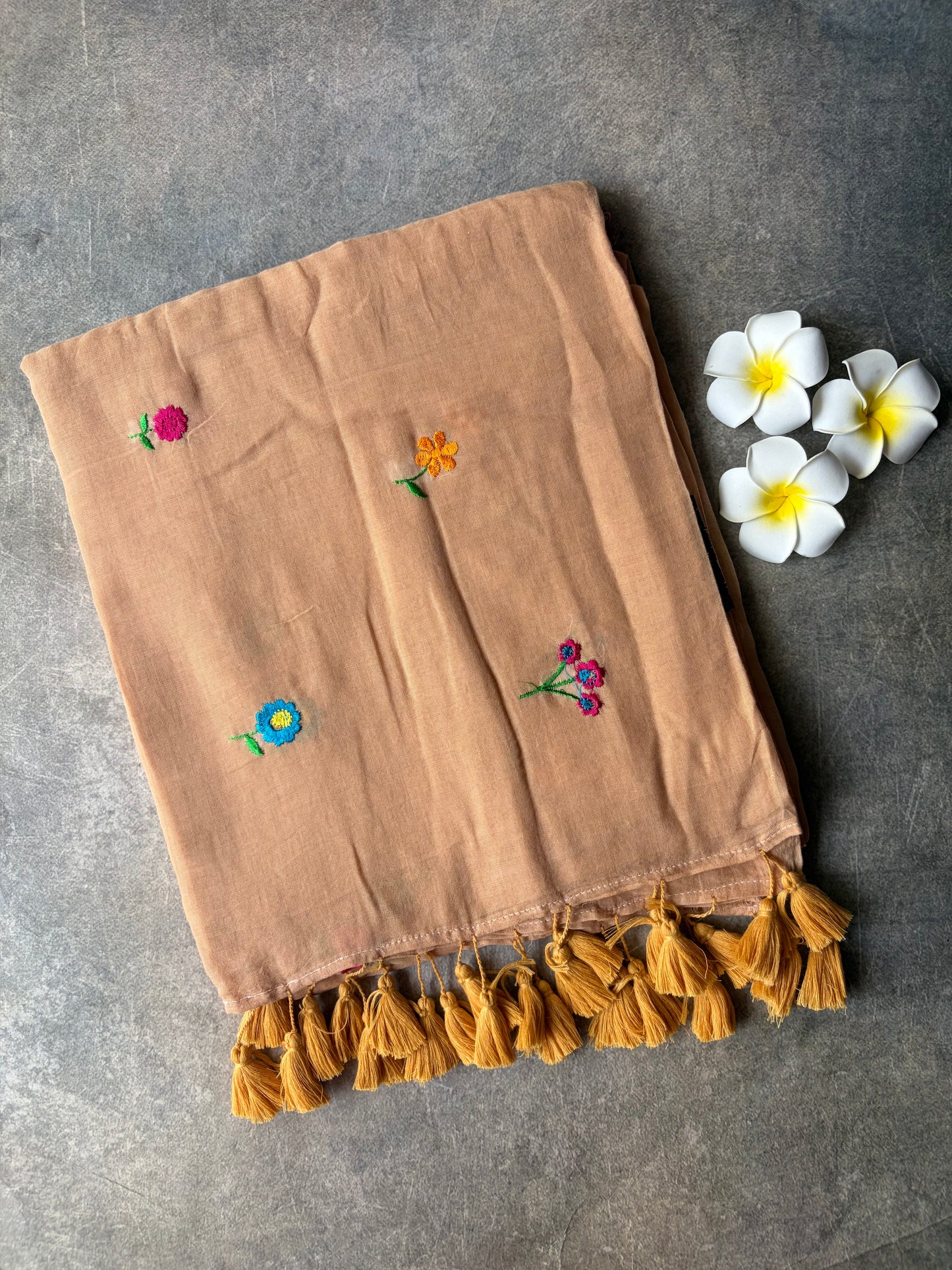 Flower Butta Embroidery Mul Mul Cotton Saree Light Brown | TLL532