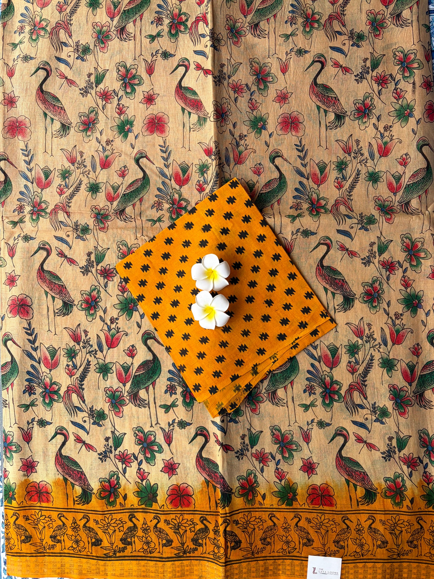 Kalamkari Cotton Saree Cream with Yellow Border | TLL595
