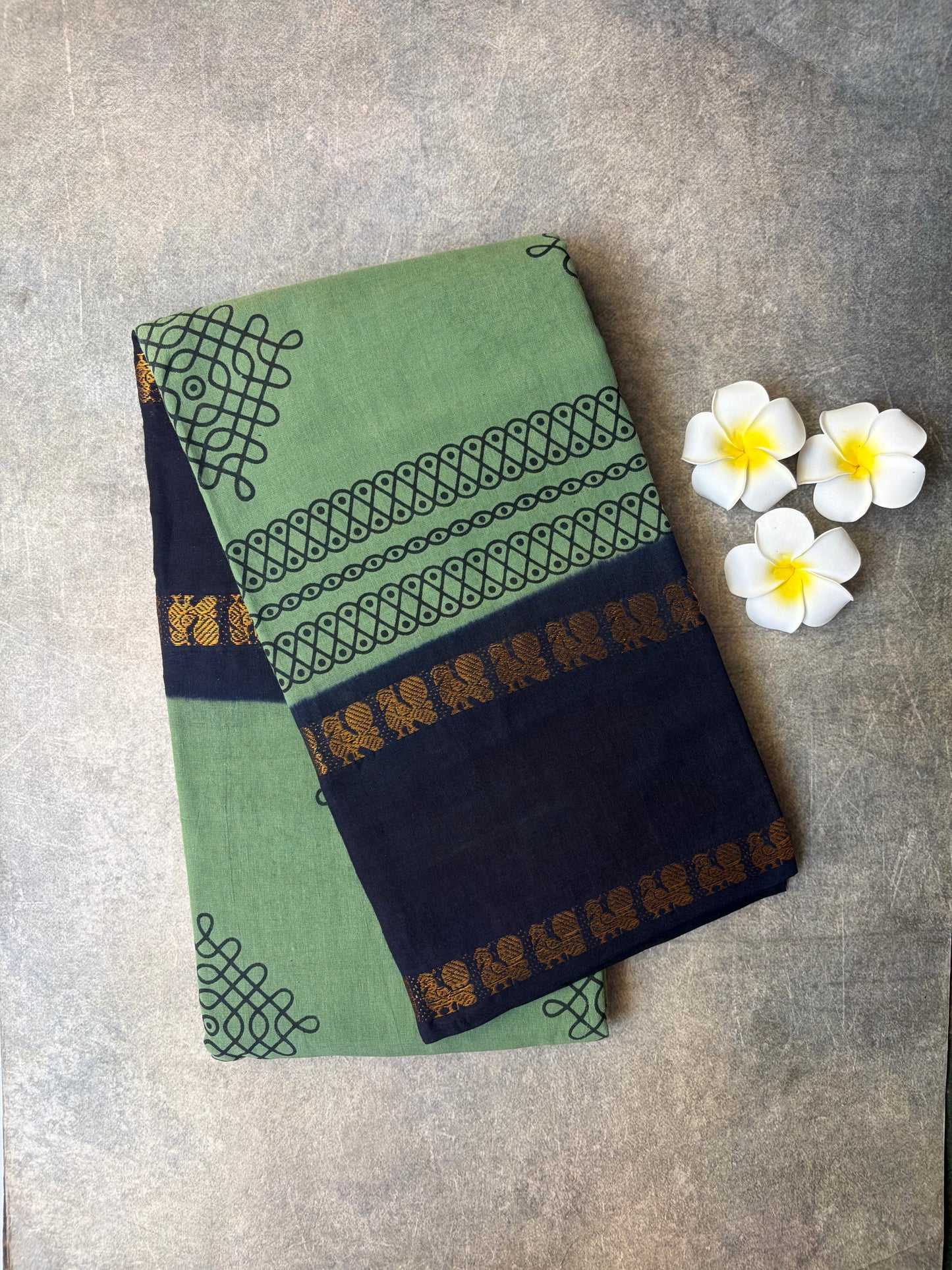 Kolam Printed Sungudi Cotton Saree Sage Green | TLL401