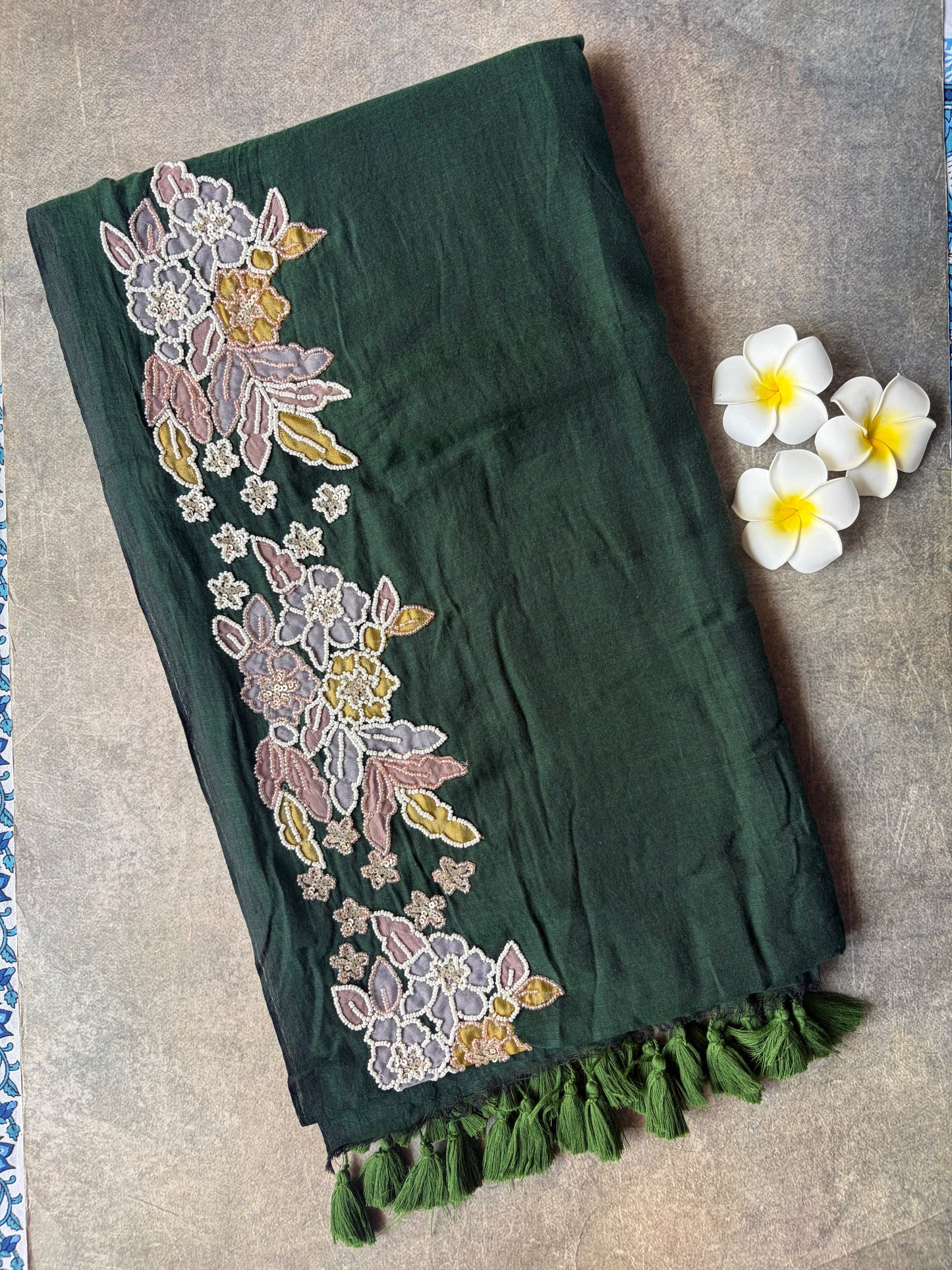 Mul Mul Cotton Saree Dark Green with Tussles | TLL500