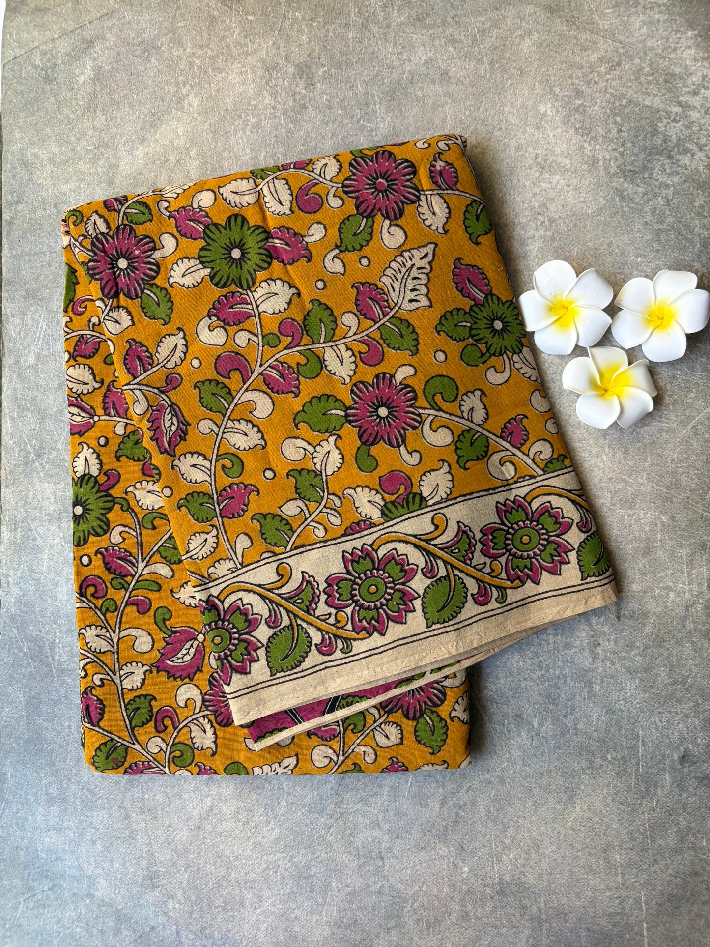 Kalamkari Printed Cotton Saree Mustard Yellow | TLL413