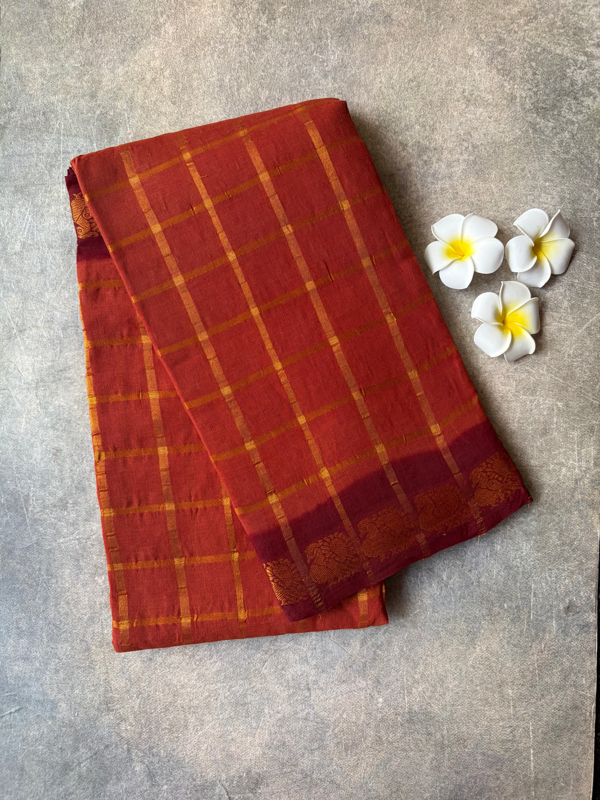 Kattam Sungudi Cotton Saree Brown With Maroon Border | TLL682