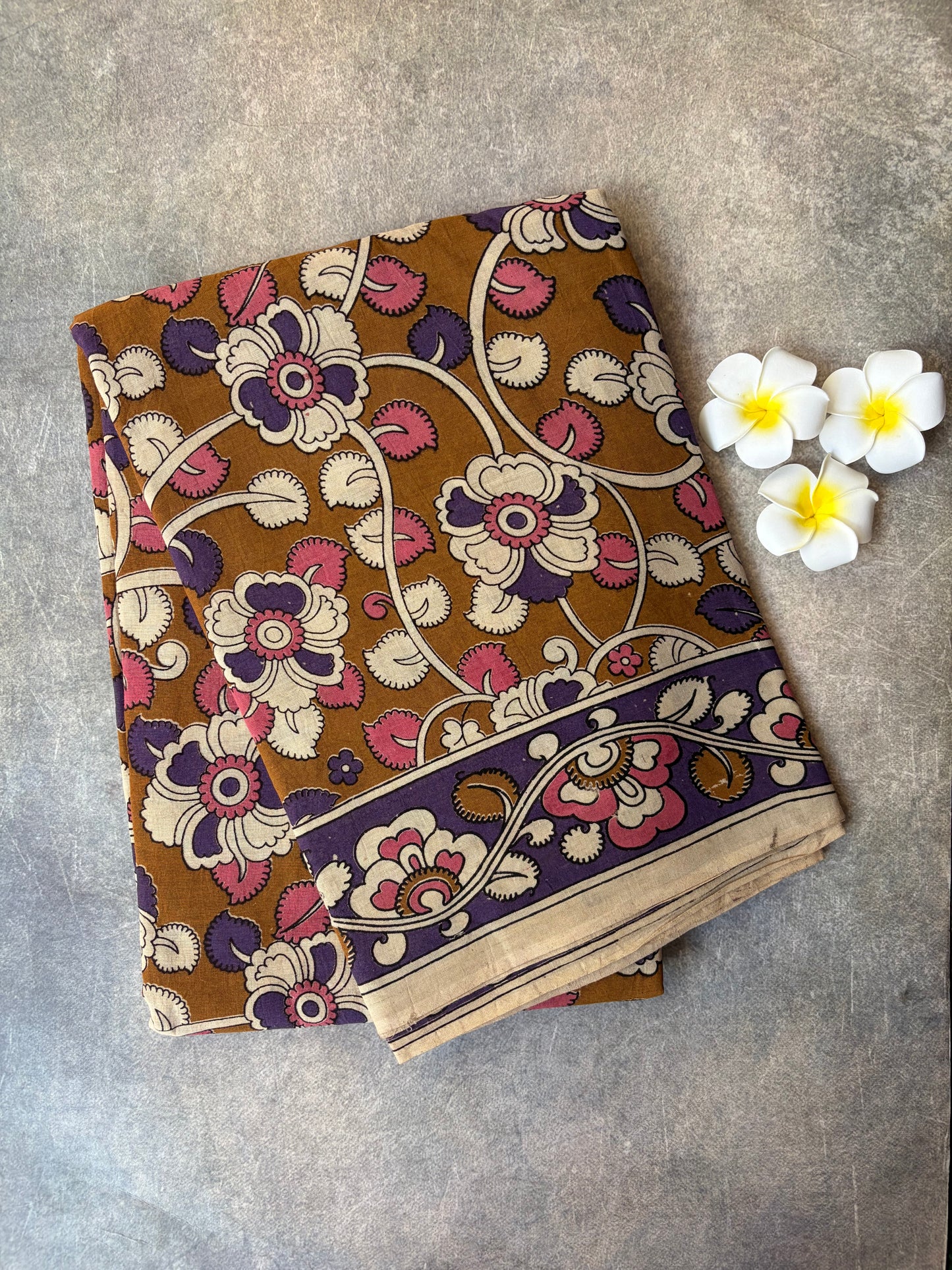 Kalamkari Printed Cotton Saree Mustard Yellow | TLL429
