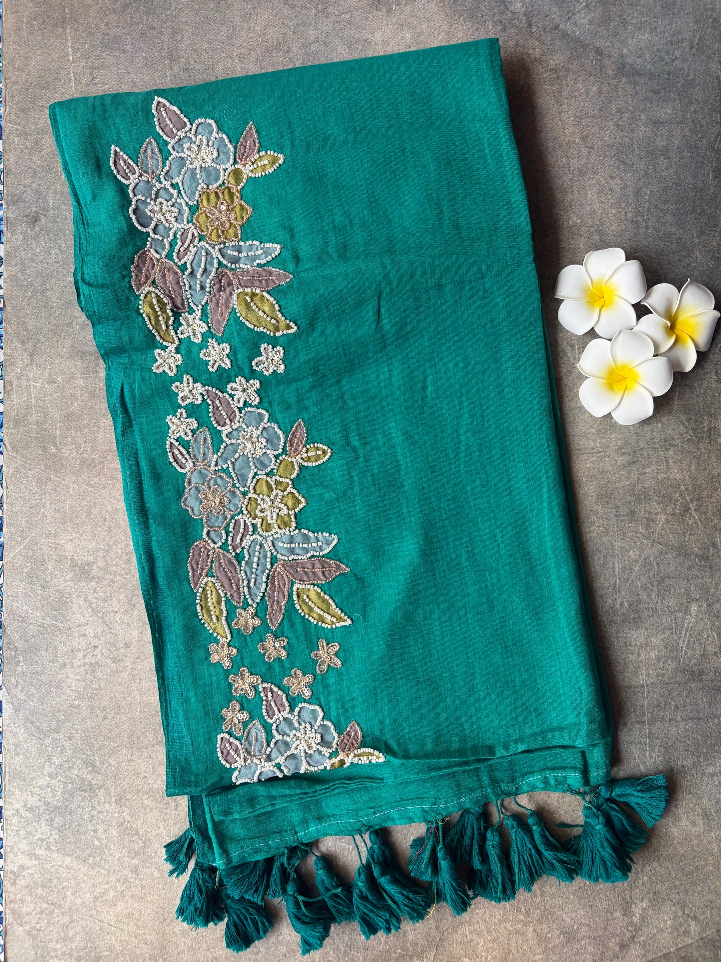 Mul Mul Cotton Saree Teal Green with Tussles | TLL505