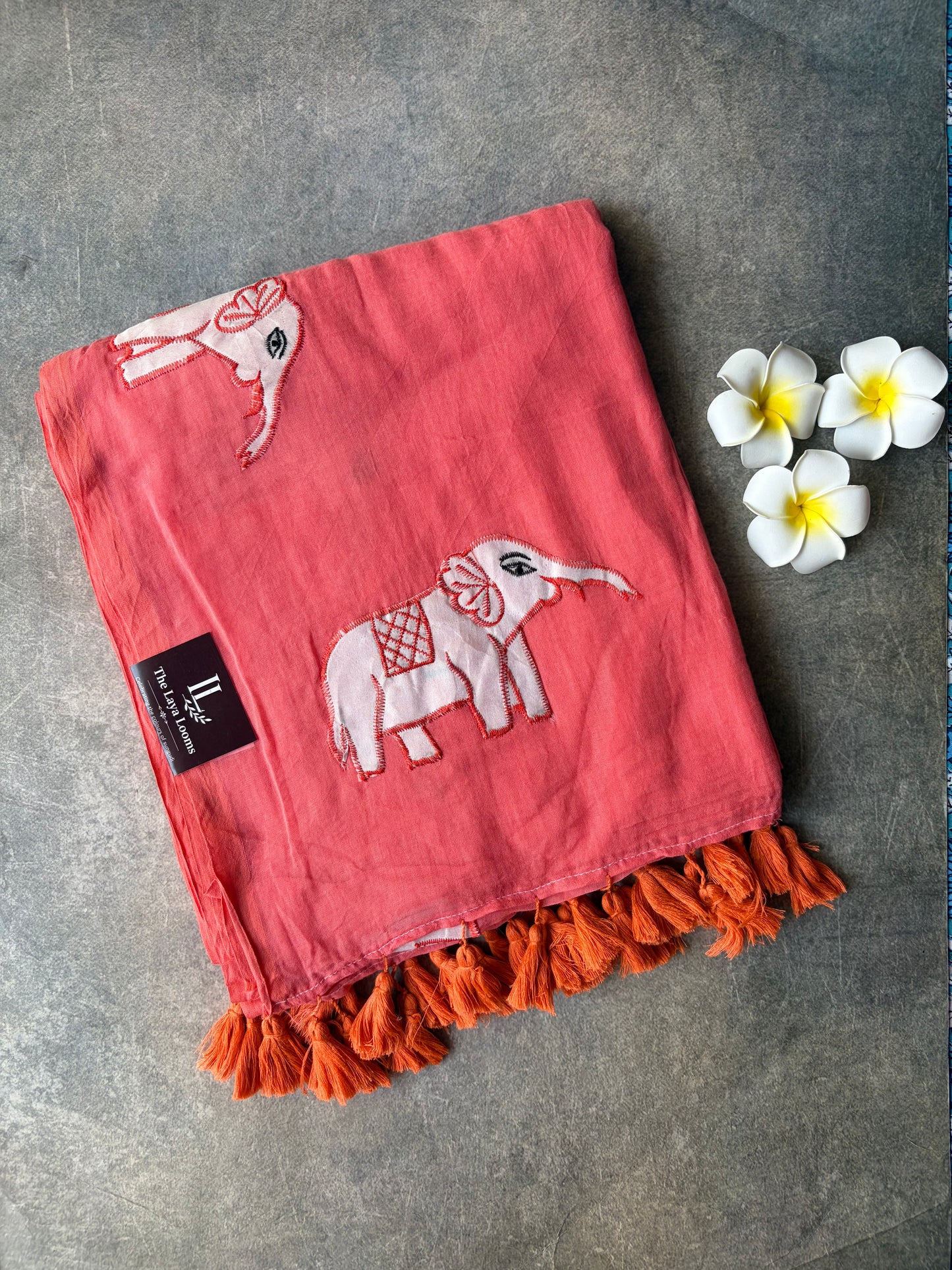 Elephant Mul Mul Cotton Saree Coral Pink | TLL535