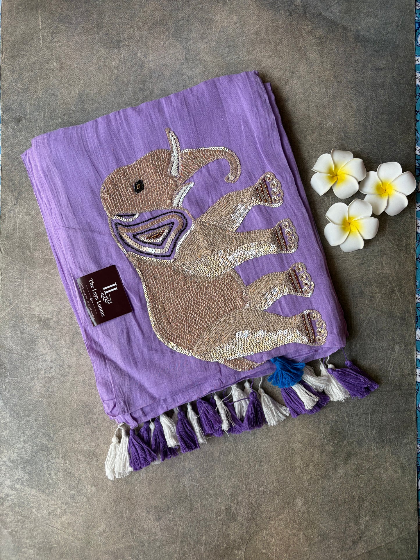 Elephant Hand Work Mul Mul Cotton Saree Purple | TLL523