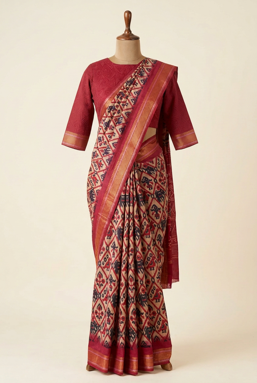 Pochampally Cotton Saree Cream With Red Border | TLL599