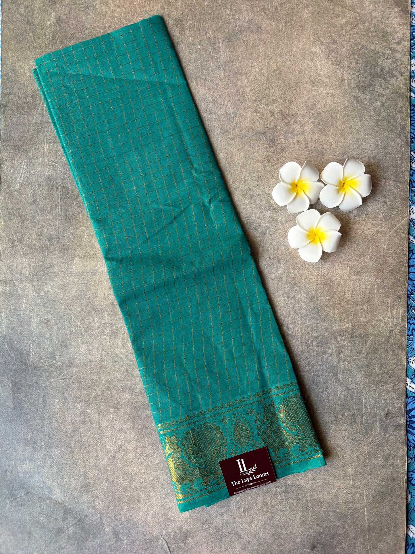 Teal Green Golden Checked Sungudi Cotton Blouse Piece | TLL567