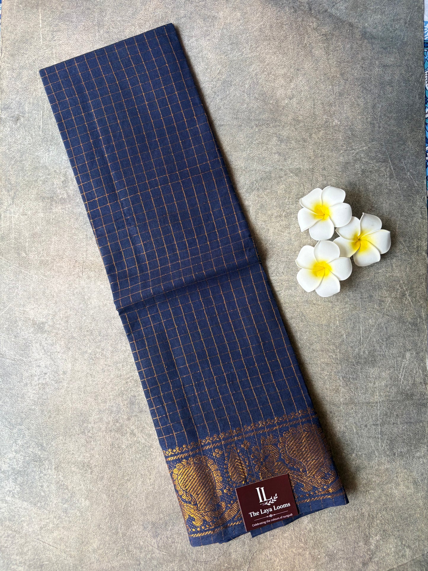 Navy Blue Golden Checked Sungudi Cotton Blouse Piece | TLL564