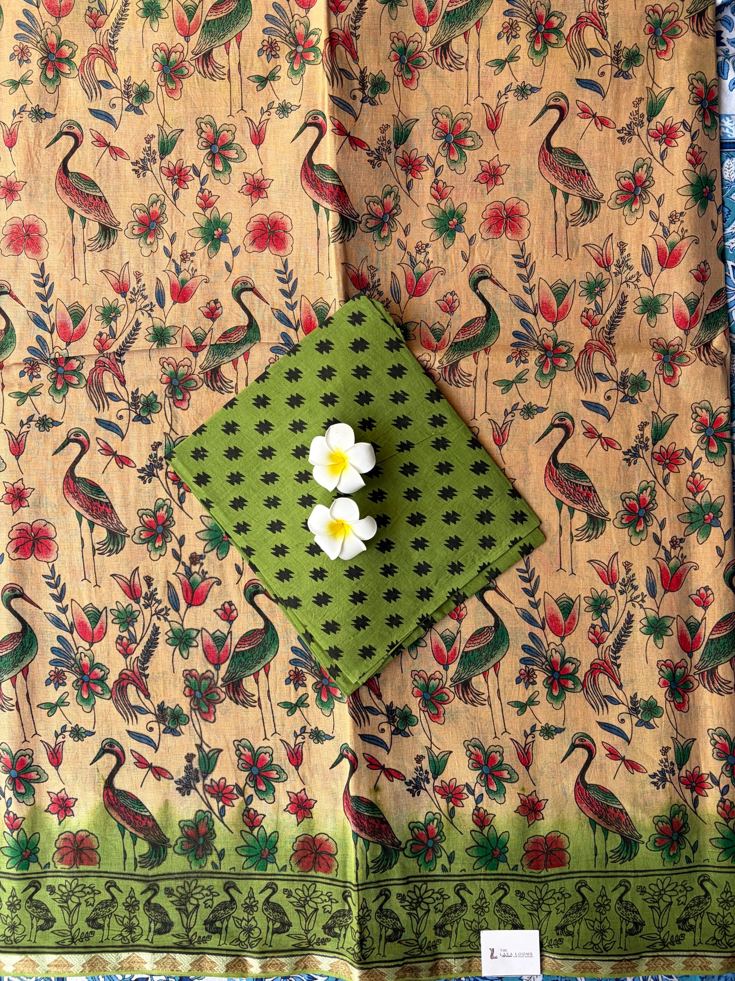 Kalamkari Cotton Saree Cream with Green Border | TLL594