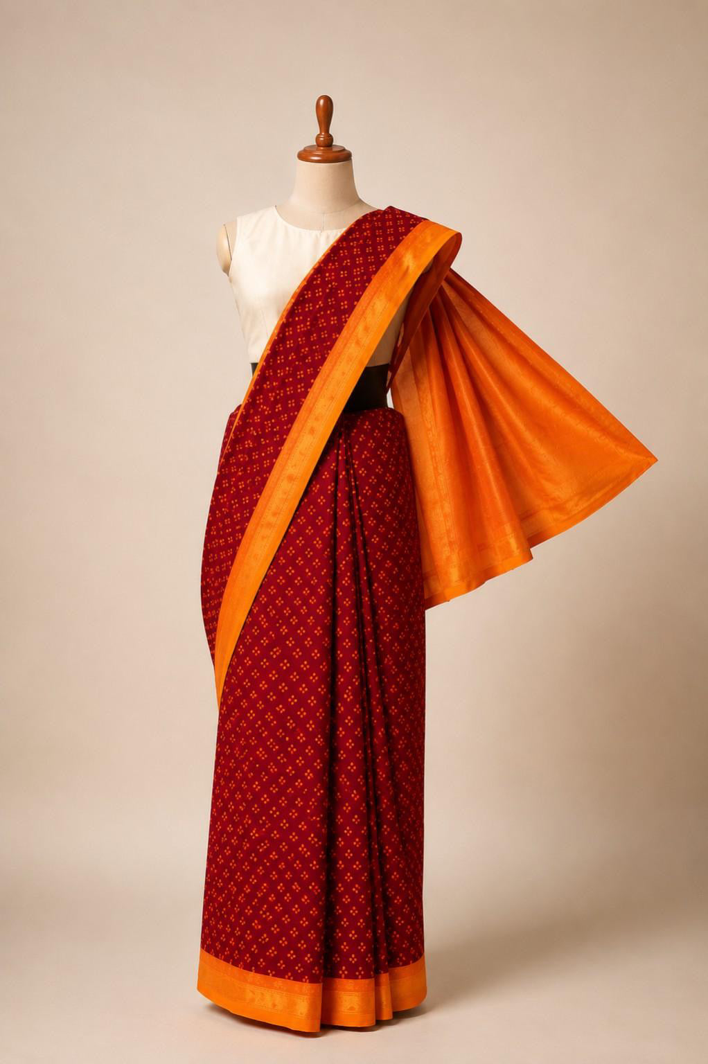 Authentic Soft Sungudi Cotton Saree – Maroon with 3 Pulli Design & Orange Border | TLL096