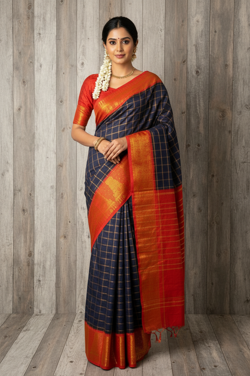 Big Border Kattam Sungudi Saree with Blouse wearing a model
