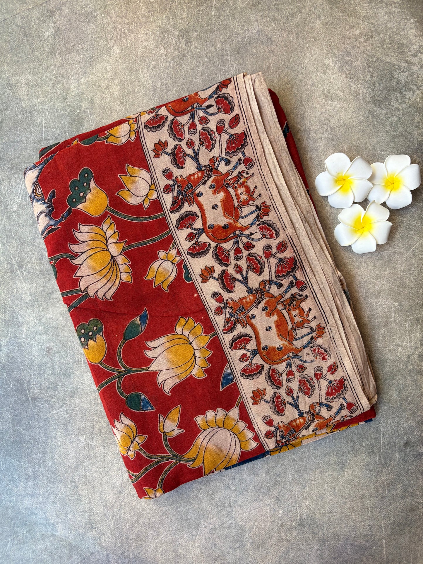 Kalamkari Printed Cotton Saree Red | TLL425