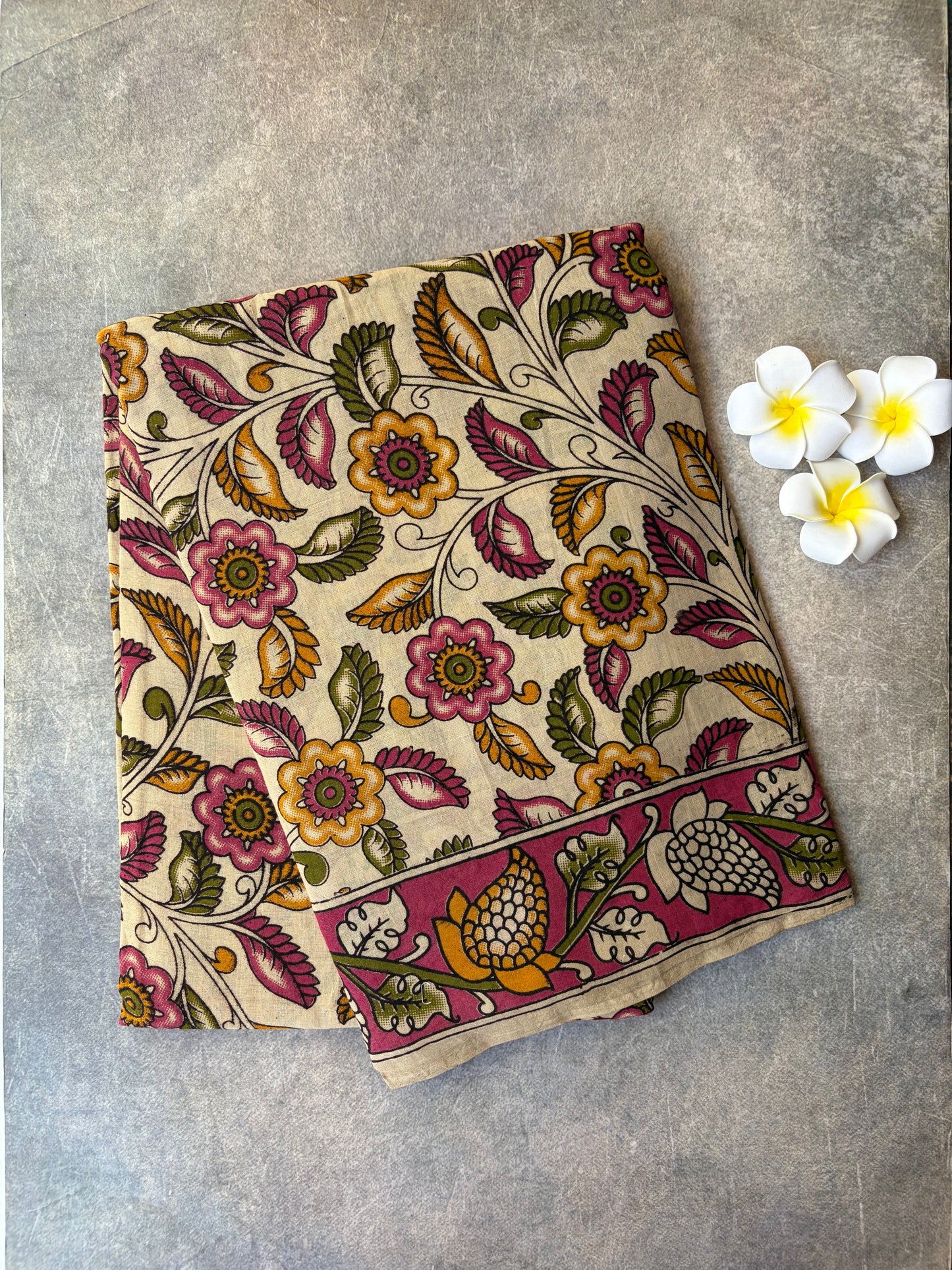 Kalamkari Printed Cotton Saree Cream Colour | TLL418