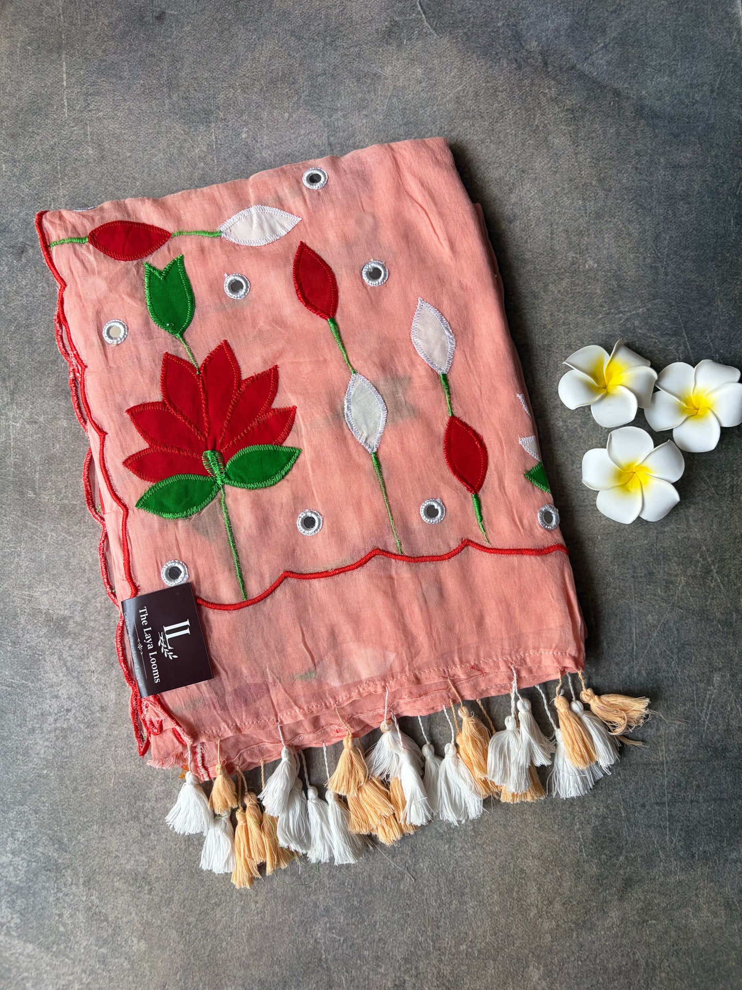 Applique Work Mul Mul Cotton Saree Peach-Pink | TLL541