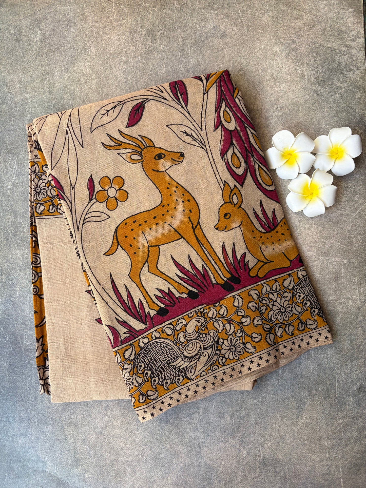 Kalamkari Printed Cotton Saree Cream Colour | TLL427