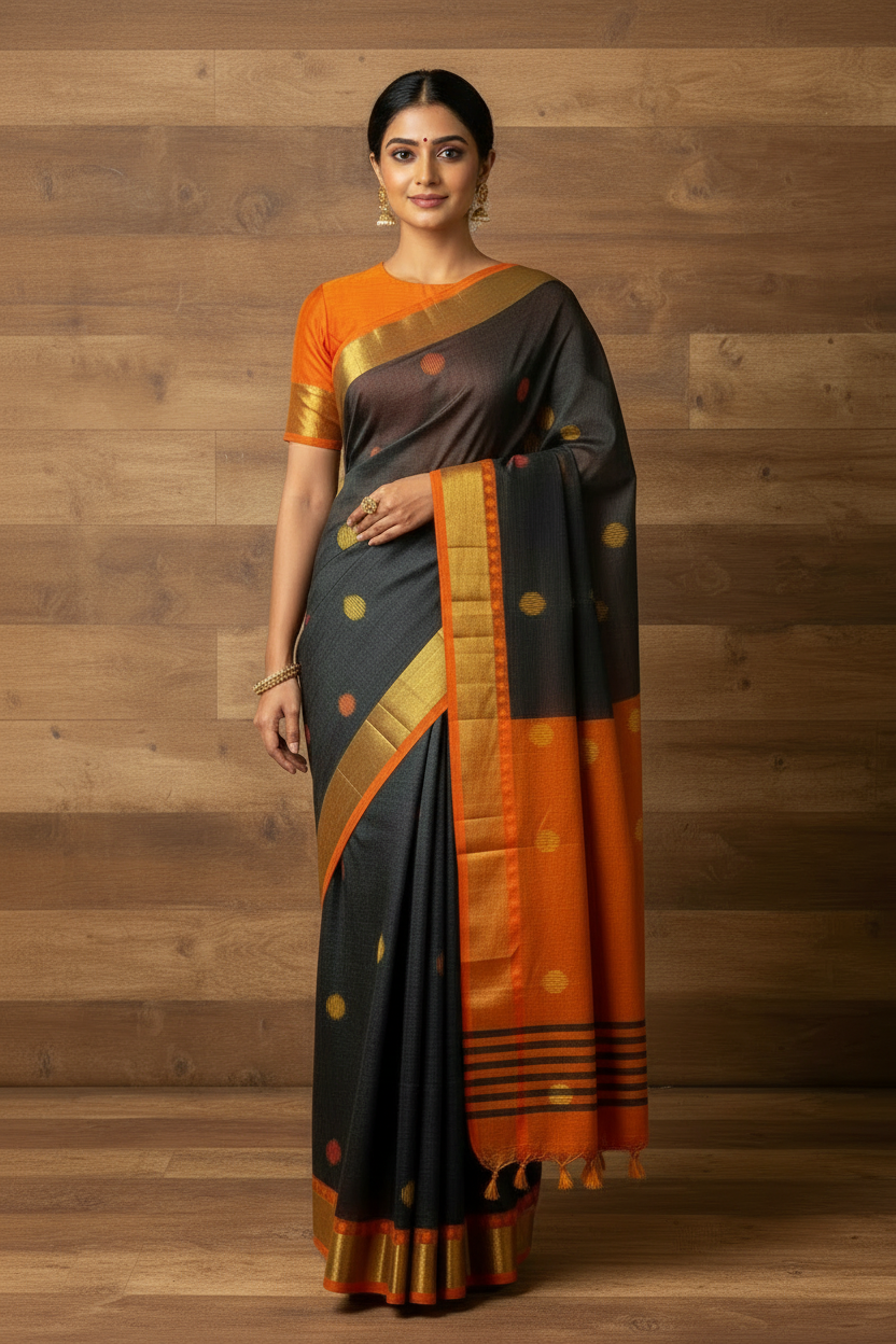 Orange Ball Khadi Cotton Saree | TLL218