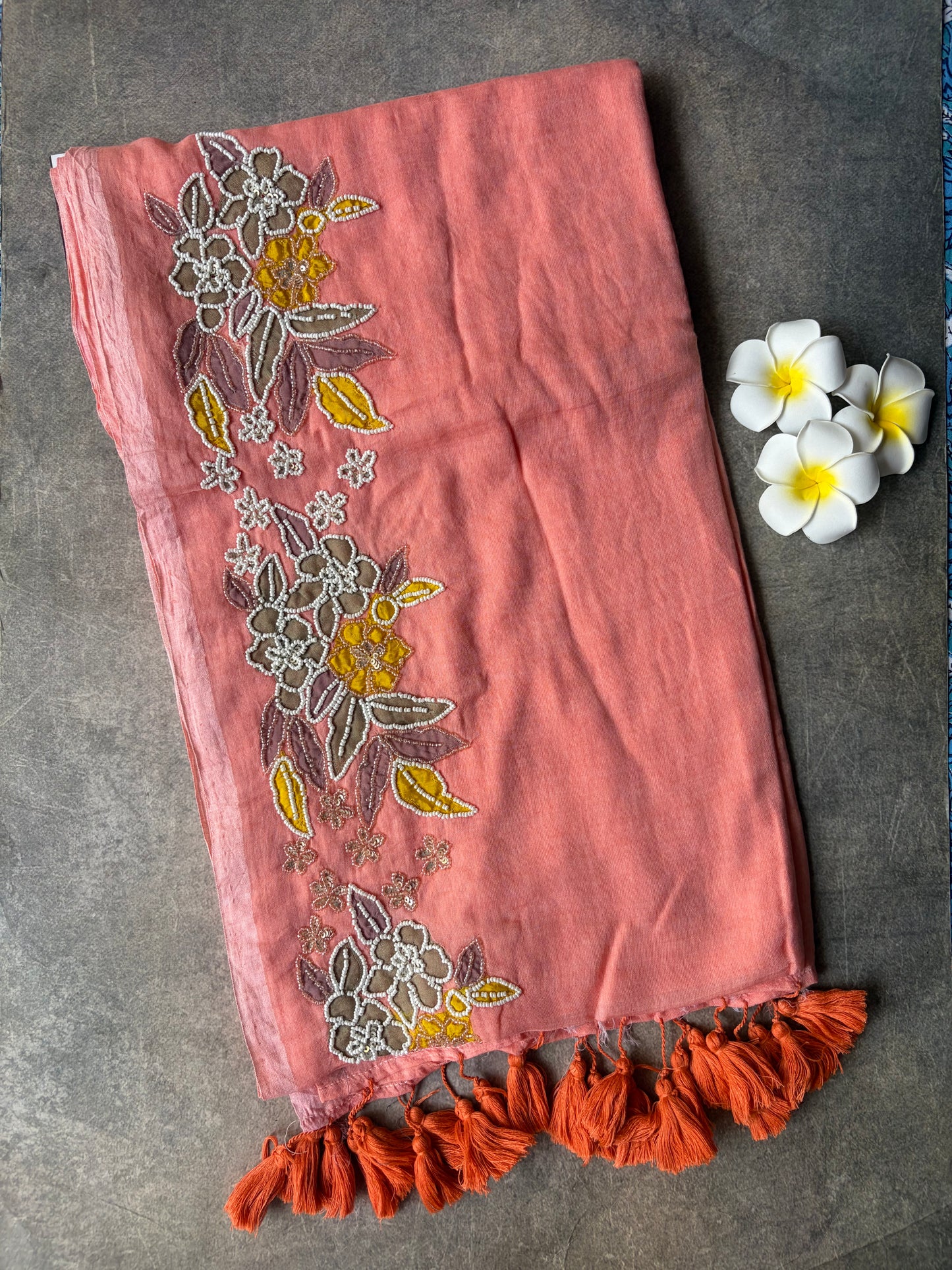 Mul Mul Cotton Saree Peach Colour with Tussles | TLL503