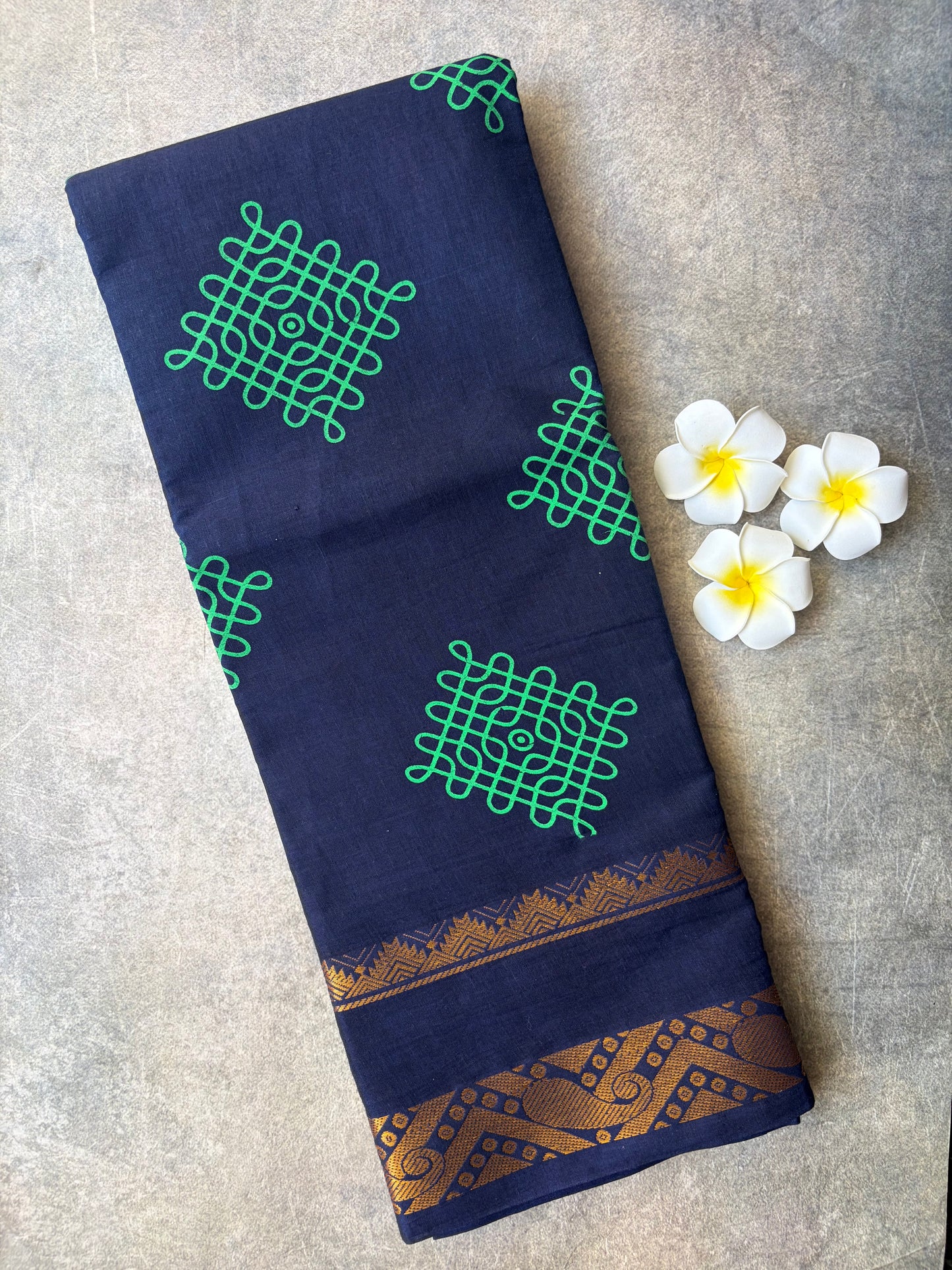 Kolam Printed Sungudi Cotton Saree Dark Blue | TLL311