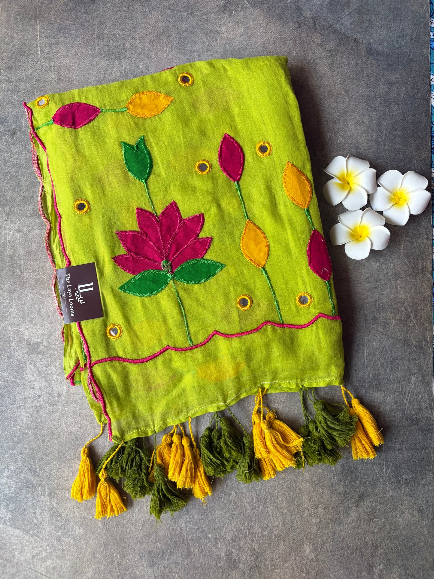 Applique Work Mul Mul Cotton Saree Lime Green | TLL545