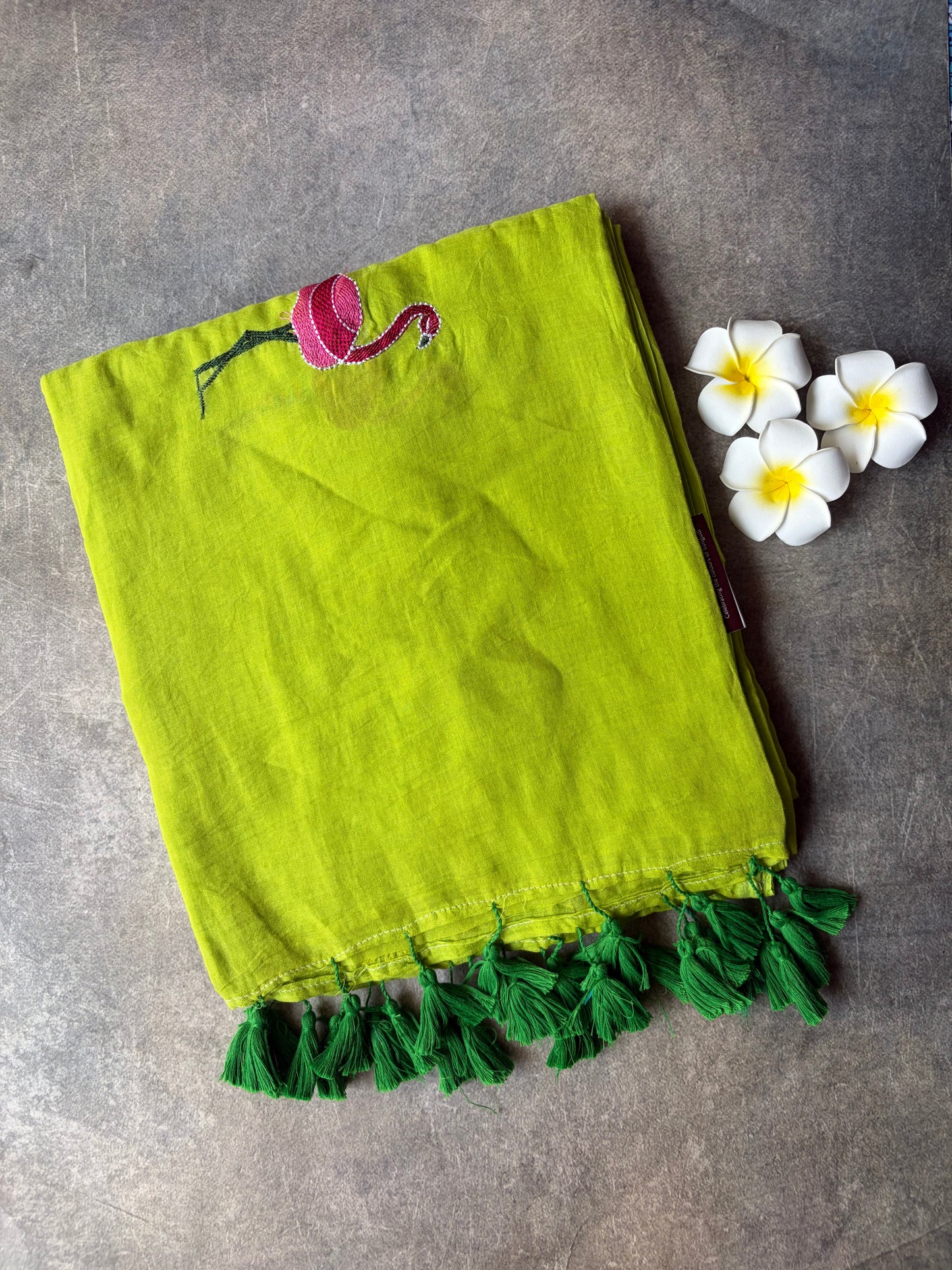 Flamingo Mul Mul Cotton Saree Lime Green | TLL554
