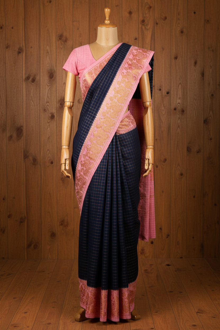 Checked Sungudi | rose milk pink border with dark navy blue | TLL159