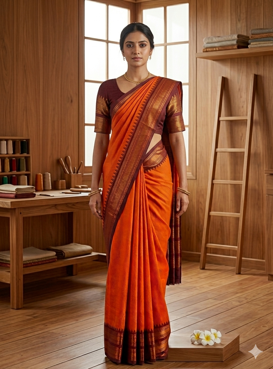 Kanchi Cotton Saree Orange colour with Brown Border| TLL189